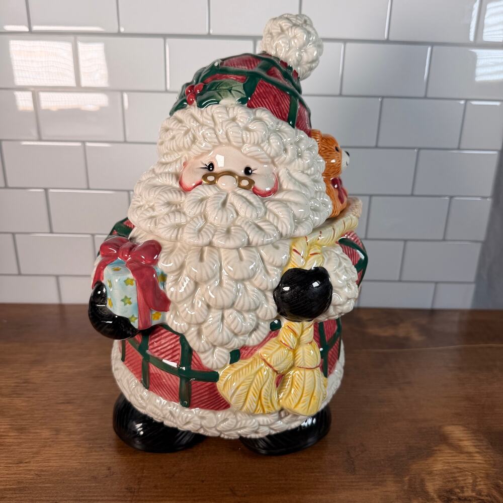 Vintage Jay Imports Plaid Santa Claus Ceramic Christmas Cookie Jar 1997